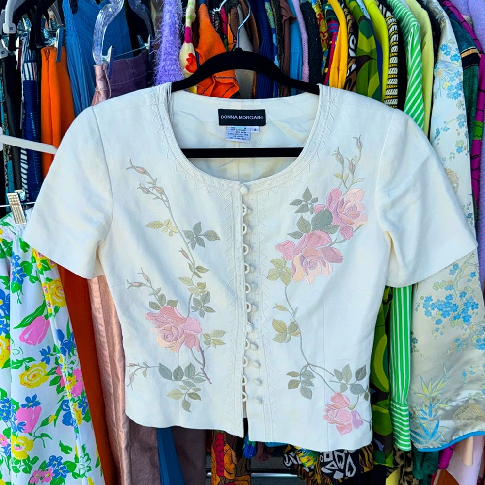 Vintage Donna Morgan Pastel Floral Embroidered Button Down S/s Top or Jacket